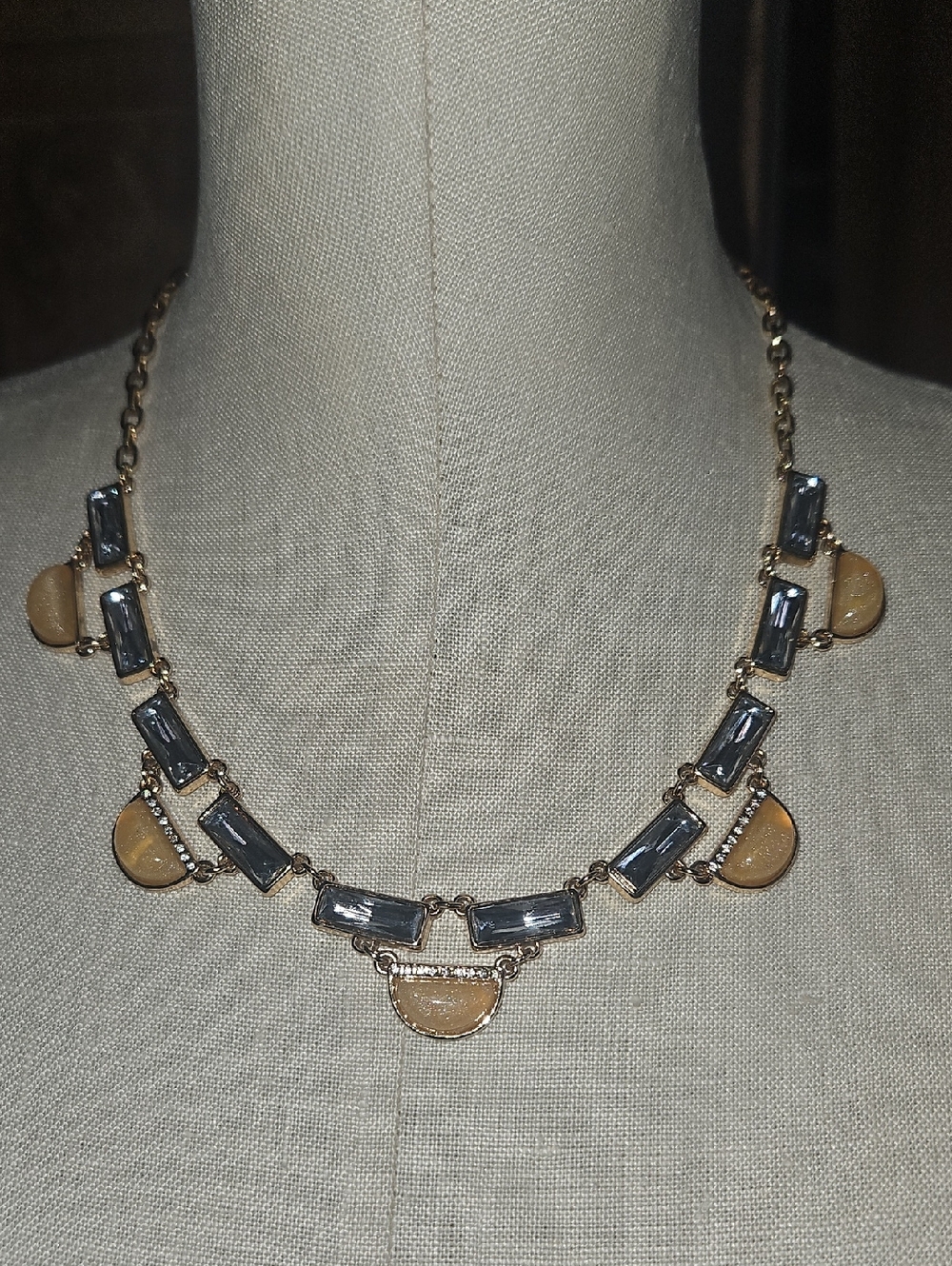 Avon Gold-Tone Necklace with Rhinestone Baguette Crystals and Yellow Accents 17"